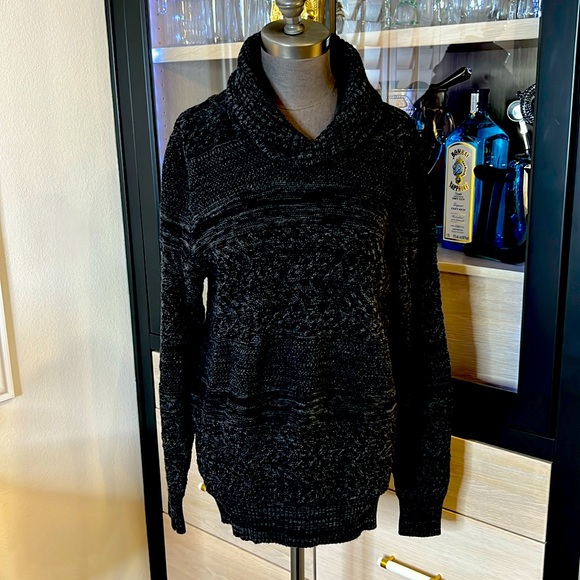 American Rag Shawl collar black & Charcoal Grey  cable knit mixed knit sweater L - Picture 1 of 17